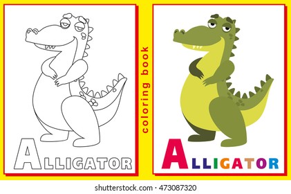 Coloring Book for Kids with letters and words. Litter A. Alligator. vector image.