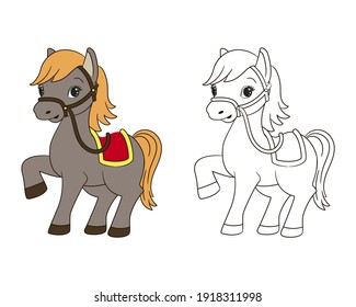 coloring book for kids, little funny horse with red saddle and yellow mane, vector illustration, cartoon, line art