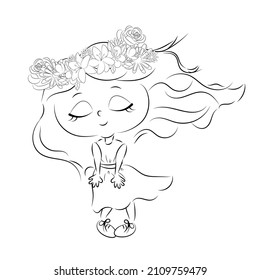 Coloring book for kids, with little girl and flowers, Cute doodle, sketch style. Outline illustration isolated on white background. one line. Coloring book for children and adults. Print for t-shirt