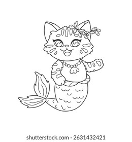 Coloring book for kids with little mermaid cat. Kawaii mermaid kitten coloring page to print. Cute underwater character art line