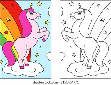 Coloring book for kids. The magical unicorn reared up. The animal horse stands on its hind legs. Cartoon style. Simple flat vector illustration.