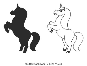 Libro para colorear para niños. El unicornio mágico se crió. El caballo animal se para sobre sus patas traseras. Estilo de dibujos animados. Ilustración simple del vector plano.