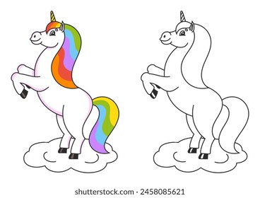 Libro para colorear para niños. El unicornio mágico se crió. El caballo animal se para sobre sus patas traseras. Estilo de dibujos animados. Simple Ilustración vectorial plana.