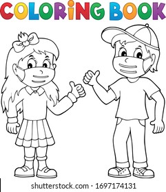 Coloring book kids in medical masks - eps10 vector illustration.