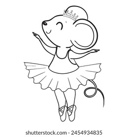 Libro para colorear para niños con bailarina de ratón. Esbozar la Ilustración vectorial animal. Carácter adorable para tarjetas, Fondo de pantalla, textil, tela, jardín de infantes.