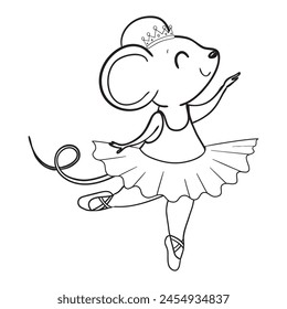 Libro para colorear para niños con bailarina de ratón. Esbozar la Ilustración vectorial animal. Carácter adorable para tarjetas, Fondo de pantalla, textil, tela, jardín de infantes.