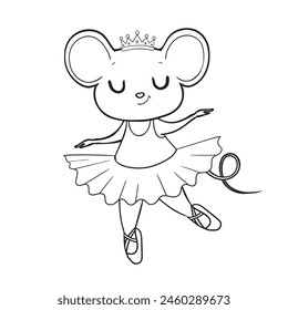 Libro para colorear para niños con bailarina de ratón. Esbozar la Ilustración vectorial animal. Carácter adorable para tarjetas, Fondo de pantalla, textil, tela, jardín de infantes.