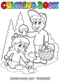 Coloring book with kids mushrooming - vector illustration.