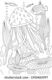 COLORING BOOK FOR KIDS WITH OCEAN FISH AND JELLYFISH IN VECTOR