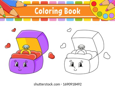 Libro de colorear para niños. Caja abierta con un anillo de oro. Caricatura. Ilustración vectorial. Silueta de contorno negro. Aislado sobre fondo blanco.