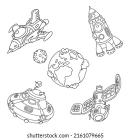 Coloring book for kids outer space earth rocket satellite and ufo
