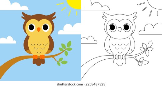 coloring book for kids, owl on a tree branch vector