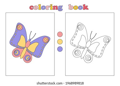 Coloring book for kids, coloring page with beautiful butterfly. Cartoon illustrations with captions and color palette. We draw and play with children. Back to school. Vector