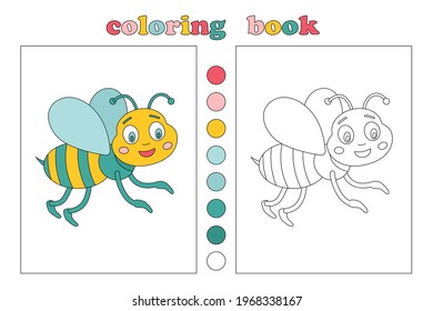 Coloring book for kids, coloring page with small bee. Black-and-white and color cartoon illustration with lettering and color samples. We draw and play with children. Children Education. Vector
