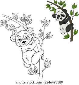 Coloring book for kids panda on a branch and a flower