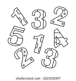 Coloring book for kids. Patterned numbers from 1 to 5. Learning and playing. Vector