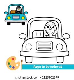 Coloring book for kids, penguin driving car vector