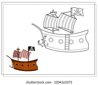 Coloring book for kids, pirate ship. Vector isolated on a white background.