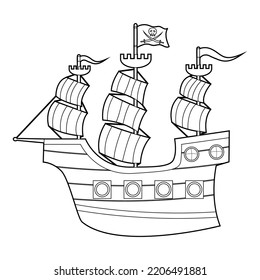 Coloring book for kids, pirate ship. Vector isolated on a white background.