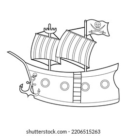 Coloring book for kids, pirate ship. Vector isolated on a white background.