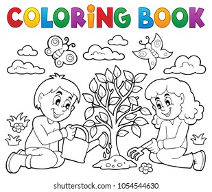 Coloring book kids planting tree - eps10 vector illustration.