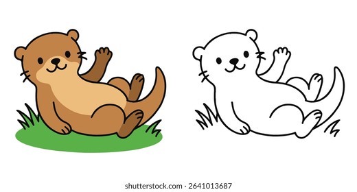 Coloring Book For Kids Playful otter lying on the grass, waving Outline Vector Illustration