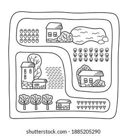 Coloring book for kids Rural landscape. Cartoon cute houses, trees, plants and a lake. Hand drawn vector illustration.