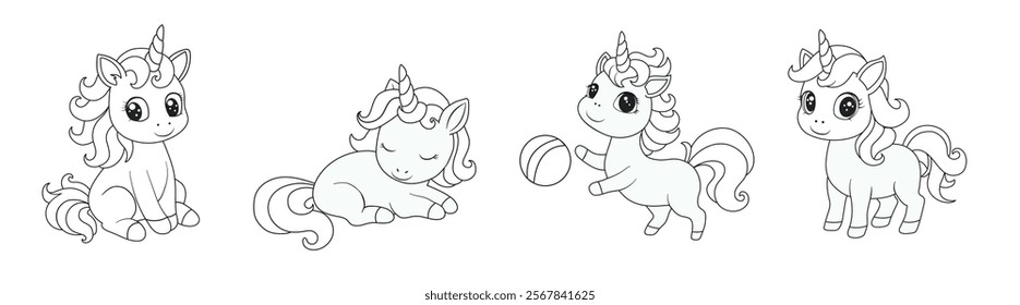 Coloring book for kids is a set of cute unicorns in different poses. Hand-drawn ponies with a horn. Cute magical horses. Vector illustration. It can be used for printing, textiles, web design.