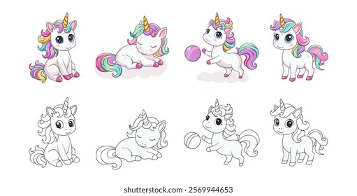 Coloring book for kids is a set of cute unicorns in different poses. Hand-drawn ponies with a horn. Cute magical horses. Vector illustration. It can be used for printing, textiles, web design.
