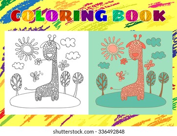 Coloring Book for Kids. Sketchy little pink giraffe in cartoon style in a meadow with butterflies, clouds and sun.