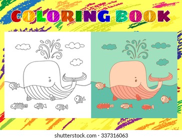 Coloring Book for Kids. Sketchy little pink whale with a fish swims in the sea in cartoon style.