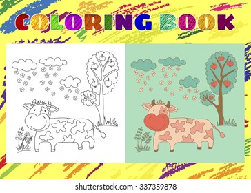 Coloring Book for Kids. Sketchy little pink cow in the garden on the background of apple tree, clouds and flowers in cartoon style.