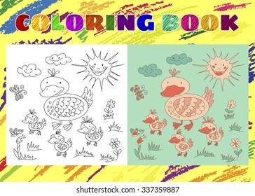 Coloring Book for Kids. Sketchy little pink duck with ducklings on spring meadow in cartoon style. Smiling sun and Sky with clouds.