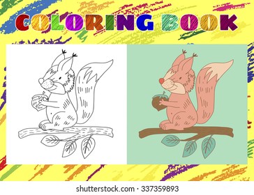 Coloring Book for Kids. Sketchy little pink squirrel on the branch of tree holds nut in paws in cartoon style.