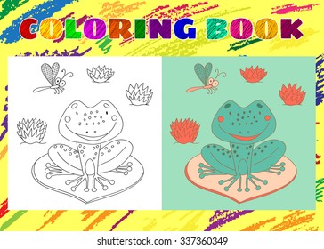 Coloring Book for Kids. Sketchy little frog sits on a leaf among pink lilies on the lake in cartoon style.