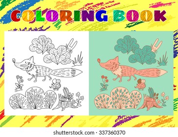 Coloring Book for Kids. Sketchy little pink fox in the forest with a hedgehog and a bunny in cartoon style.