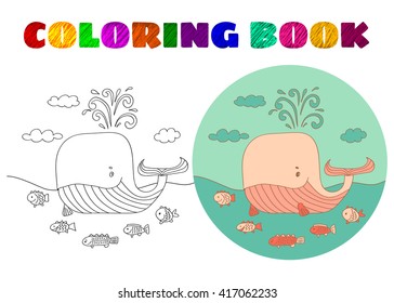 Coloring Book for Kids. Sketchy little pink whale with a fish swims in the sea in cartoon style.