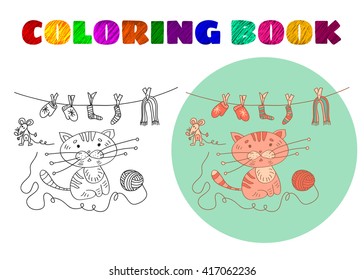 Coloring Book for Kids. Sketchy little pink kitten and mousy with a ball of yarn and mittens, socks and scarf in cartoon style.
