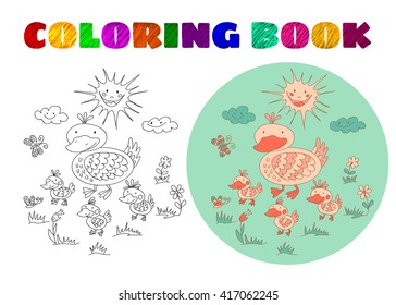 Coloring Book for Kids. Sketchy little pink duck with ducklings on spring meadow in cartoon style. Smiling sun and Sky with clouds.