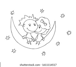 Coloring book for kids - smiling boy and girl together under an umbrella in the rain. Valentines day. 14 February. Black and white cute cartoon hand drawing kids. Vector	