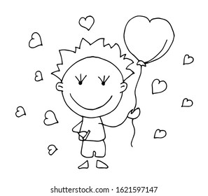 Coloring book for kids - smiling boy holding ballons in his hands. Be my Valentine. Valentines day. 14 February. Black and white cute cartoon hand drawing kids. Vector illustration.	