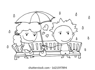 Coloring book for kids - smiling boy holding an umbrella over a girl. Valentines day. 14 February. Black and white cute cartoon hand drawing kids. Vector illustration