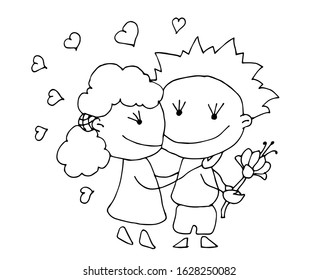 Coloring book for kids - smiling boy congratulates with holiday and holding a flower in his hands. Be my Valentine. Valentines day. 14 February. Black and white cute cartoon hand drawing kids. Vector 