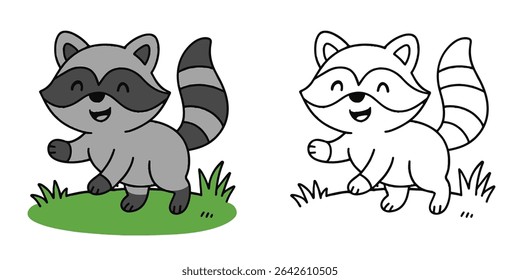 Livro de colorir para crianças guaxinim sorridente jogando em um gramado gramado Contorno Ilustração Vetor