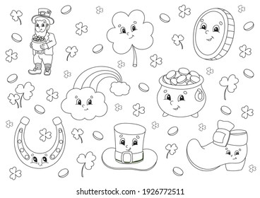 Coloring book for kids. St. Patrick's Day. Cheerful characters. Vector illustration. Cute cartoon style. Black contour silhouette. Isolated on white background.