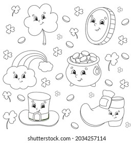 Coloring book for kids. St. Patrick's Day. Cheerful characters. Vector illustration. Cute cartoon style. Black contour silhouette. Isolated on white background.