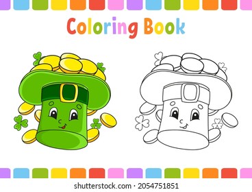 Coloring book for kids. St. Patrick's day. Cartoon character. Vector illustration. Fantasy page for children. Black contour silhouette. Isolated on white background.
