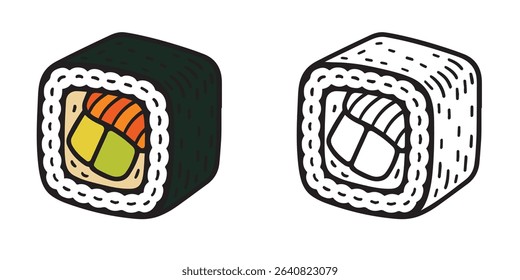 Coloring Book For Kids A Sushi Roll Food Printable With Fully Colored and Outline Vector Illustration