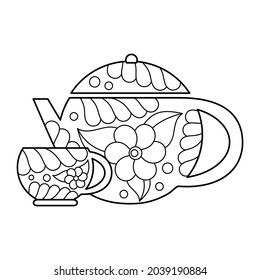 Coloring Book For Kids Tea Time. Vector Sketch. Teapot Decorated With Flowers And Leaves. Hand Drawn Illustration For Coloring Pages.