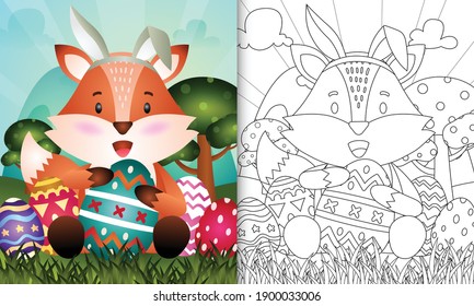 coloring book for kids themed easter with a cute fox using bunny ears headbands hugging eggs